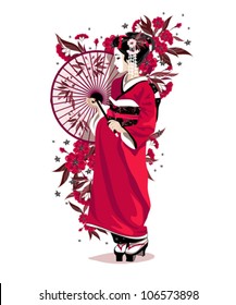 Japanese girl in red traditional clothes with umbrella and flowers.