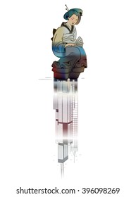 Japanese girl with reflection as skyscraper vector colorful illustration 