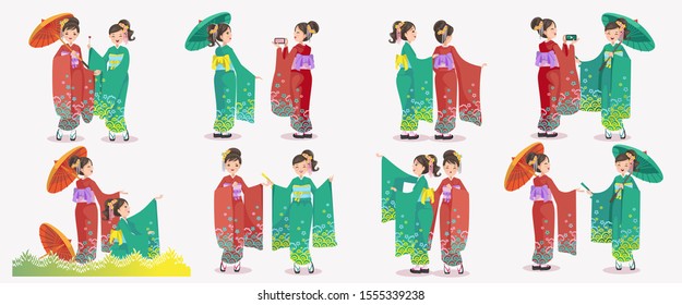 Japanese girl set. Japanese women kimono dressing national dress. Emotions and gestures of japan retro style. Tourists dressing up in Japan style. Vector illustration.