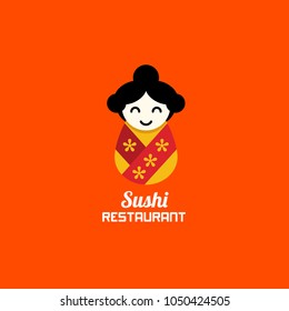 Japanese girl with sushi dish. Vector logo design template. Abstract concept for restaurant, sushi menu, bar, delivery of asian food.