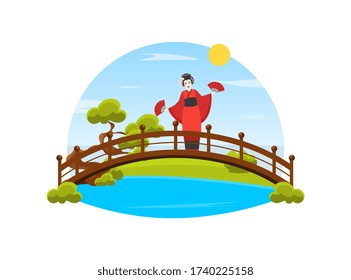 Japanese Girl in Traditional Kimono Dress Standing on Wooden Bridge Vector Illustration