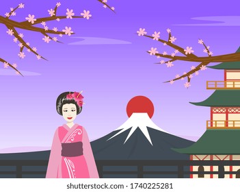 Japanese Girl in Traditional Kimono Dress Standing in Front of Fuji Mountain at Sunrise Vector Illustration