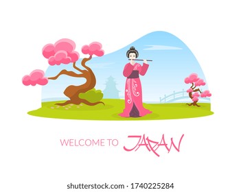 Japanese Girl in Traditional Kimono Dress Standing in Front of Beautiful Japan Jandscape Vector Illustration