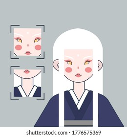 Japanese Girl Vector Illustration. Goddess With White Hair Illustration. Girl Wearing A Kimono Illustration.