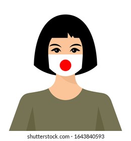 Japanese girl with virus protective mask in Japanese national flag colors. Coronavirus alert vector poster.