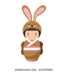 japanese girl wearing a kimono costume of bunny over white background. colorful design. vector illustration