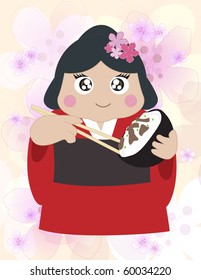 A Japanese girl wearing a kimono eating a rice bowl - VECTOR