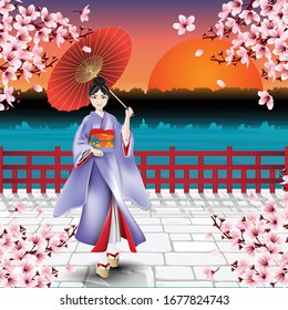 Japanese girl wearing national dress, Kimono, and holding umbrella with beautiful scenic view and cherry blossom blooming. Vector illustration.