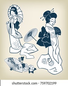 japanese girl women kimono vector illystration design elements