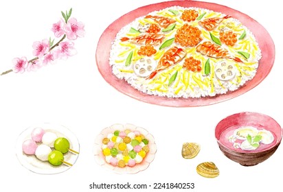 Japanese girls festival food set painted by watercolors