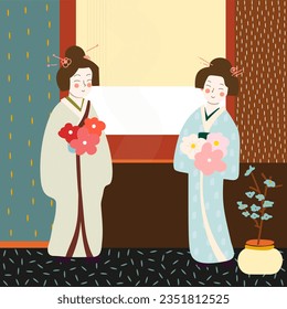 japanese girls in traditional dress flat vector illustration