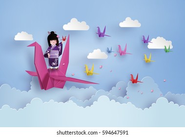 Japanese Girls Wearing National Dress  And Origami Bird Flying On The Sky With Cloud.paper Art And Craft Style.
