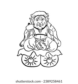 Japanese god of wealth Daikoku. Vector image, hand drawing, sketch. Black on white. Holidays, congratulations, prosperity, good luck. Eps10