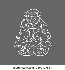 Japanese god of wealth Daikoku. Vector image, hand drawing, sketch, doodle. White on grey. Holidays, congratulations, prosperity, luck, happiness. Eps10