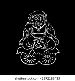 Japanese god of wealth Daikoku. Vector image, hand drawing, sketch, doodle, calligraphy. White on black. Holidays, congratulations, prosperity, luck, happiness, family, oriental tradition. Eps10