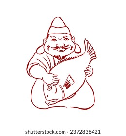 Japanese god of wealth Ebisu with fish. Vector, illustration, sketch, calligraphy, ink, minimalism. Red on white. Luck, prosperity, wealth, traditions, money, family, relatives, good wishes. Eps10