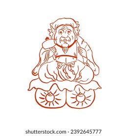 Japanese god of wealth and happiness Daikoku. Vector image, hand drawing, sketch, doodle, calligraphy, brush. Red on white. Holidays, congratulations, prosperity, luck, family, East. Eps10