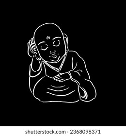 Japanese god of wealth. Jizo, the bald monk. Vector, illustration, sketch, calligraphy, doodle, drawing. White black. Luck, prosperity, wealth, traditions, money, oriental culture. Eps10