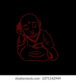 Japanese god of wealth. Jizo, the bald monk. Vector, illustration, sketch, calligraphy, doodle, ink drawing. Red black. Luck, prosperity, wealth, traditions, money, happiness, children. Eps10