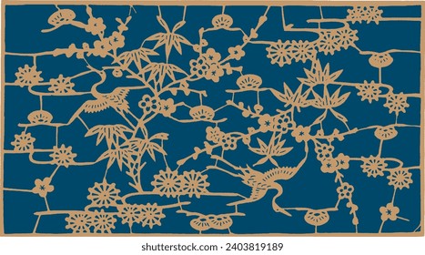 Japanese Gold Blue Oriental Pattern. Eastern Ornament Bird and Flower. Indigo Blue with Gold Textile Design. Golden, Navy Blue Background. Textile, Fabric Print.