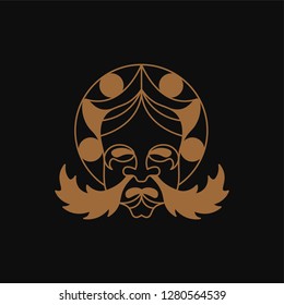 Japanese Gold demon masks spewing Flames. Black background. Line art.