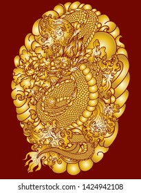 Japanese gold dragon tattoo for arm.Hand drawn Dragon with peony flower,lotus,rose and chrysanthemum flower and water splash or Japanese wave traditional style.vector illustration Chinese dragon.