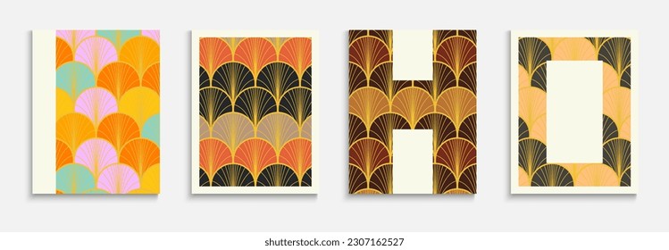 Japanese Gold Fan Funky Cover Set. Chinese Retro Template Set. Minimal Dynamic Edgy Fabric Backgroud. Kimono Stripes Layout. Luxurious Halftone Print. Bright Color Vintage A4 Texture.