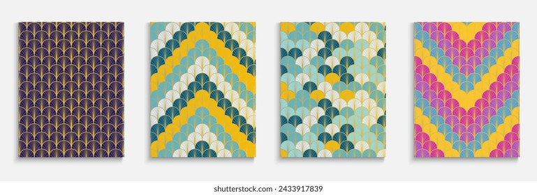 Japanese Gold Fan Minimal Cover Set. Chinese Vintage Template Set. Halftone Stripes Folder. Simple Dynamic Edgy Textile Backgroud. Premium Geometric Design. Bright Color Retro A4 Print.
