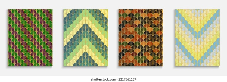 Japanese Gold Fan Music Cover Set. Traditional Geometric Design. Chinese Retro Cover Set. Kimono Stripes Layout. Simple Dynamic Noble Fabric Backgroud. Bright Color Ethnic A4 Texture.