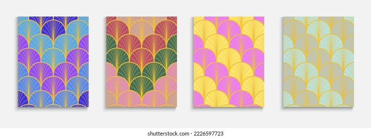 Japanese Gold Fan Music Cover Set. Luxurious Halftone Design. Geometric Stripes Layout. Funky Dynamic Noble Fabric Backgroud. Bright Color Ethnic A4 Texture. Asian Retro Cover Set.