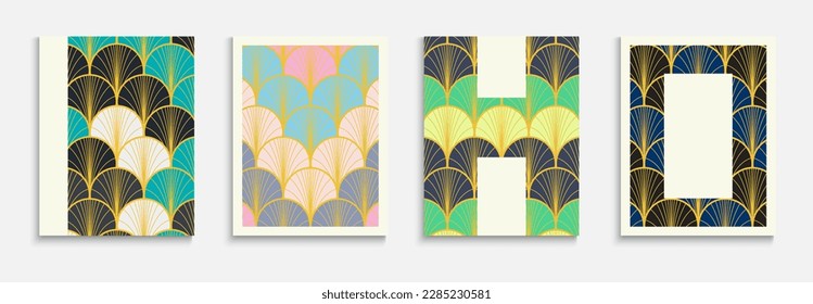 Japanese Gold Fan Music Cover Set. Premium Geometric Pattern. Simple Dynamic Retro Textile Backgroud. Bright Color Vintage A4 Print. Halftone Stripes Poster. Asian Ancient Folder Set.