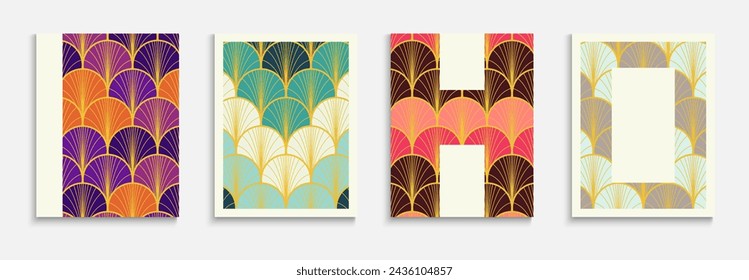 Japanese Gold Fan Simple Cover Set. Premium Geometric Frame. Bright Color Ancient A4 Pattern. Asian Vintage Poster Set. Kimono Stripes Folder. Music Dynamic Geo Textile Backgroud.