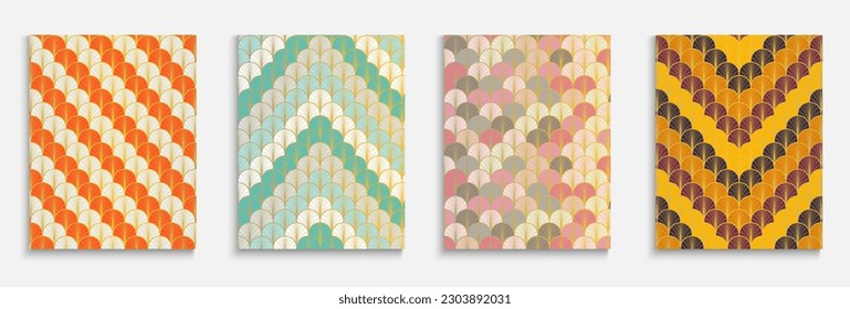 Japanese Gold Fan Trendy Cover Set. Bright Color Vintage A4 Frame. Geometric Stripes Layout. Chinese Ethnic Folder Set. Bohemian Halftone Design. Funky Dynamic Edgy Fabric Backgroud.