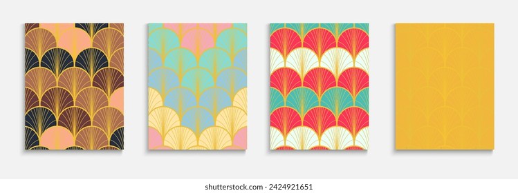 Japanese Gold Fan Trendy Cover Set. Bohemian Halftone Print. Funky Dynamic Soft Fabric Backgroud. Kimono Stripes Folder. Bright Color Ancient A4 Design. Asian Retro Template Set.