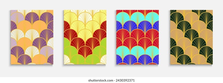Japanese Gold Fan Trendy Cover Set. Chinese Retro Folder Set. Funky Dynamic Retro Textile Backgroud. Elegant Geometric Design. Kimono Stripes Poster. Bright Color Ancient A4 Frame.
