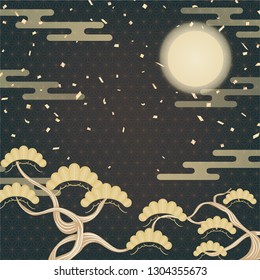 Japanese gold geometric background with pine tree, moon, and confetti