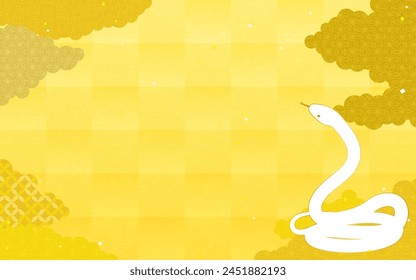 Fondo japonés de estilo de hoja de oro de una serpiente blanca enrollada en una bobina, confeti, y nubes en patrón japonés, Ilustración vectorial