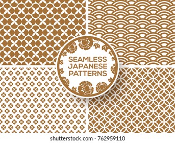 Japanese gold seamless patterns set with peony circle label. Vector illustration. Wave seigaiha ornament