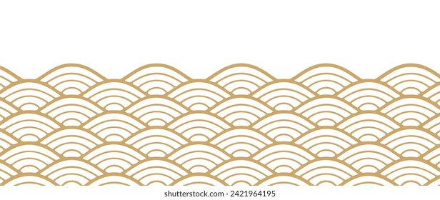 Japanese gold wave background vector. Wallpaper design with gold and white ocean wave pattern backdrop. Modern luxury oriental illustration for cover, banner, website, decor, border.