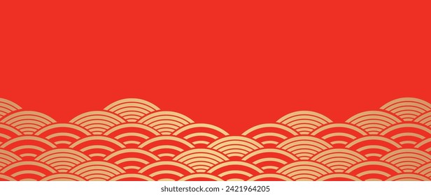 Japanese gold wave background vector. Wallpaper design with gold and red ocean wave pattern backdrop. Modern luxury oriental illustration for cover, banner, website, decor, border.