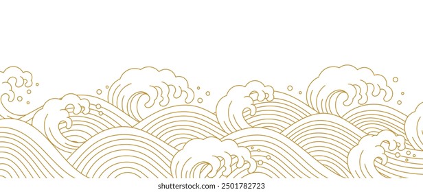 Japanese gold wave background vector. Wallpaper design with gold and white ocean wave pattern backdrop. Modern luxury oriental illustration for cover, banner, website, decor, border.