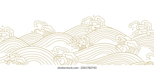 Japanese gold wave background vector. Wallpaper design with gold and white ocean wave pattern backdrop. Modern luxury oriental illustration for cover, banner, website, decor, border.