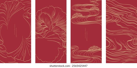 Japanese gold wave on red background vector. Wallpaper design with gold hand drawn ocean wave pattern backdrop. Modern luxury oriental illustration for cover, banner, website, decor, border. 