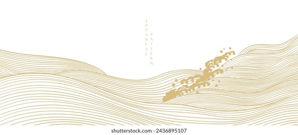 Japanese gold wave on white background vector. Wallpaper design with gold hand drawn ocean wave pattern backdrop. Modern luxury oriental illustration for cover, banner, website, decor, border.