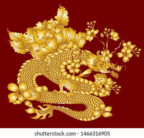 Japanese golden dragon with flower for printing on red background.