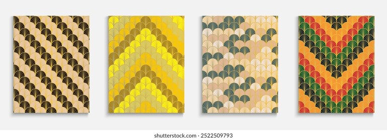 Conjunto de capa funky com ventilador dourado japonês. Tampa de faixas geométricas. Design de meio-tom premium. Cor brilhante Etnia A4 Textura. Conjunto de Modelos Retroativos Asiáticos. Trendy Dynamic Edgy Fabric Background.