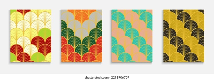 Japanese Golden Fan Minimal Cover Set. Geometric Stripes Layout. Chinese Retro Cover Set. Funky Dynamic Glam Fabric Backgroud. Bright Color Vintage A4 Frame. Elegant Halftone Pattern.