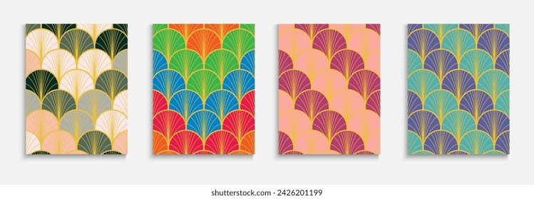 Japanese Golden Fan Minimal Cover Set. Bright Color Vintage A4 Pattern. Asian Ancient Template Set. Luxurious Halftone Design. Kimono Stripes Layout. Music Dynamic Edgy Fabric Backgroud.