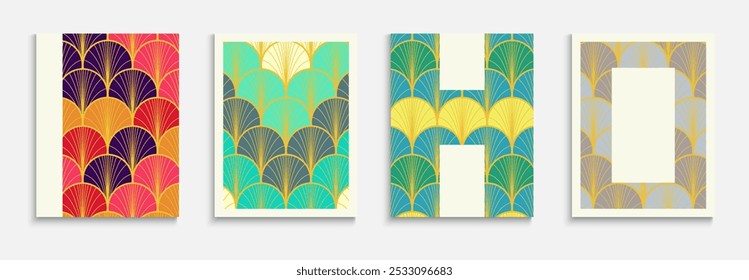 Japanese Golden Fan Minimal Cover Set. Bright Color Ancient A4 Frame. Traditional Halftone Texture. Kimono Stripes Template. Asian Retro Folder Set. Trendy Dynamic Retro Textile Backgroud.