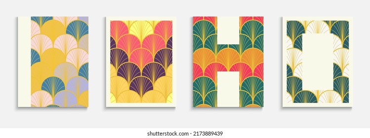 Japanese Golden Fan Simple Cover Set. Minimal Dynamic Glam Textile Backgroud. Bright Color Retro A4 Design. Halftone Stripes Layout. Chinese Ethnic Template Set. Bohemian Kimono Frame.